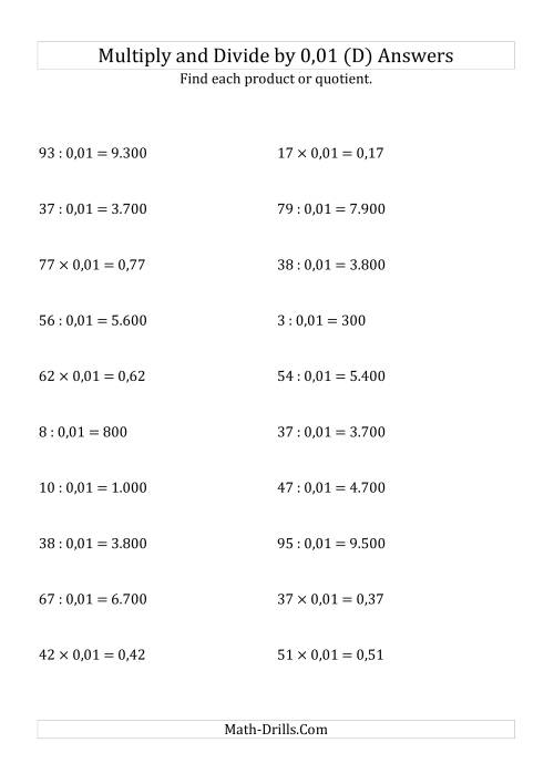 The Multiplying and Dividing Whole Numbers by 0,01 (D) Math Worksheet Page 2