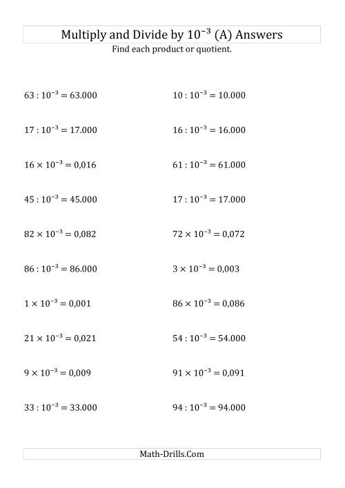 The Multiplying and Dividing Whole Numbers by 10<sup>-3</sup> (A) Math Worksheet Page 2