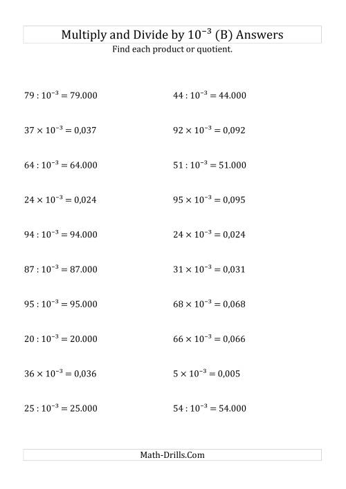 The Multiplying and Dividing Whole Numbers by 10<sup>-3</sup> (B) Math Worksheet Page 2