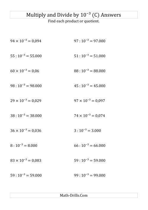 The Multiplying and Dividing Whole Numbers by 10<sup>-3</sup> (C) Math Worksheet Page 2