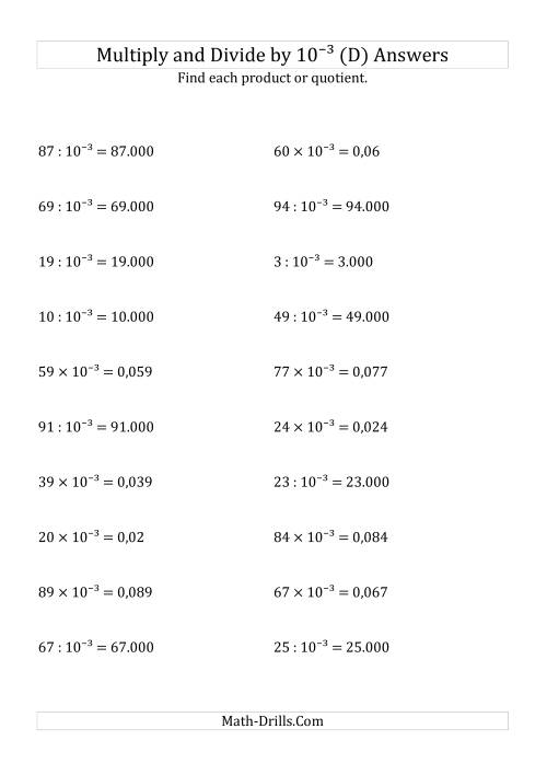 The Multiplying and Dividing Whole Numbers by 10<sup>-3</sup> (D) Math Worksheet Page 2