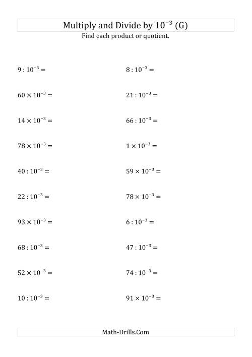 The Multiplying and Dividing Whole Numbers by 10<sup>-3</sup> (G) Math Worksheet