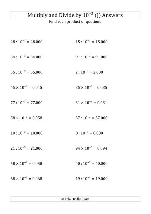 The Multiplying and Dividing Whole Numbers by 10<sup>-3</sup> (J) Math Worksheet Page 2
