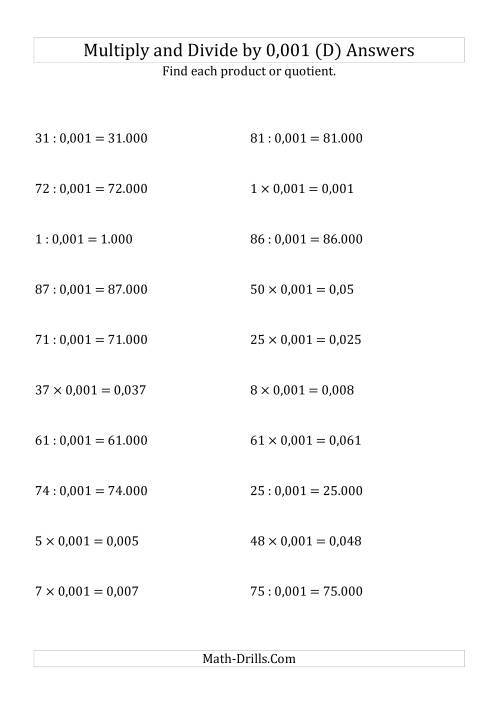 The Multiplying and Dividing Whole Numbers by 0,001 (D) Math Worksheet Page 2