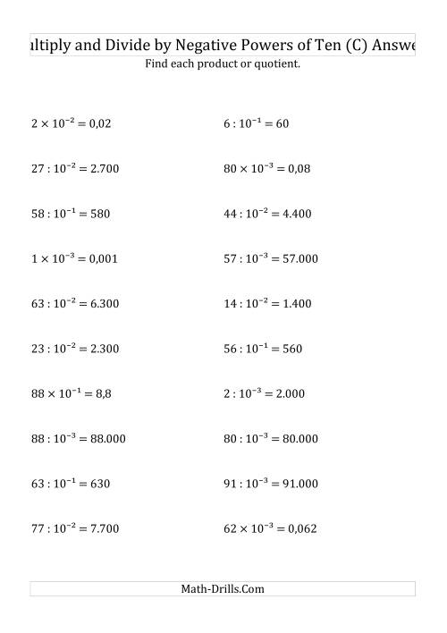 The Multiplying and Dividing Whole Numbers by Negative Powers of Ten (Exponent Form) (C) Math Worksheet Page 2