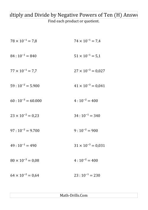 The Multiplying and Dividing Whole Numbers by Negative Powers of Ten (Exponent Form) (H) Math Worksheet Page 2