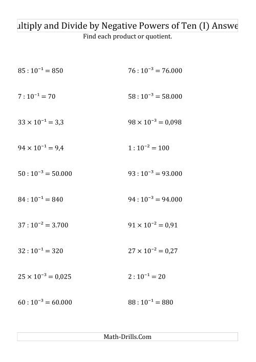 The Multiplying and Dividing Whole Numbers by Negative Powers of Ten (Exponent Form) (I) Math Worksheet Page 2