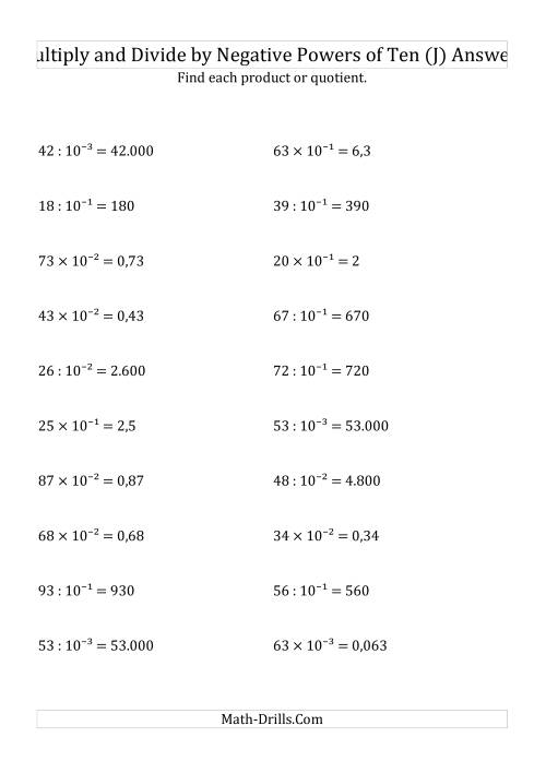 The Multiplying and Dividing Whole Numbers by Negative Powers of Ten (Exponent Form) (J) Math Worksheet Page 2