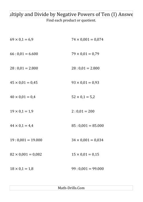 The Multiplying and Dividing Whole Numbers by Negative Powers of Ten (Standard Form) (I) Math Worksheet Page 2