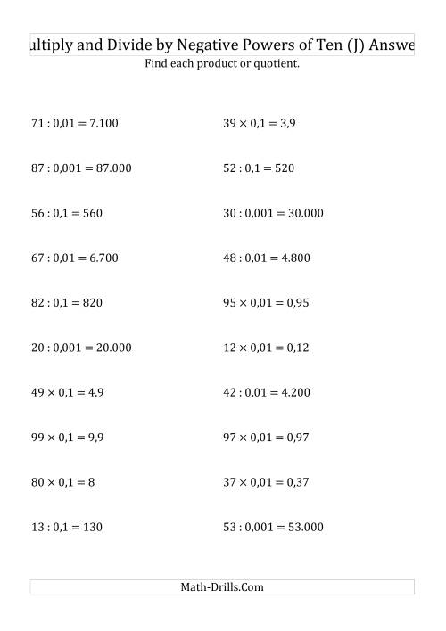 The Multiplying and Dividing Whole Numbers by Negative Powers of Ten (Standard Form) (J) Math Worksheet Page 2
