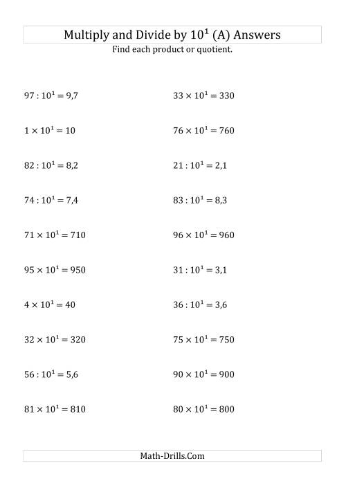 The Multiplying and Dividing Whole Numbers by 10<sup>1</sup> (A) Math Worksheet Page 2
