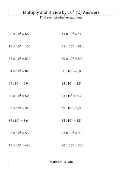 The Multiplying and Dividing Whole Numbers by 10<sup>1</sup> (C) Math Worksheet Page 2