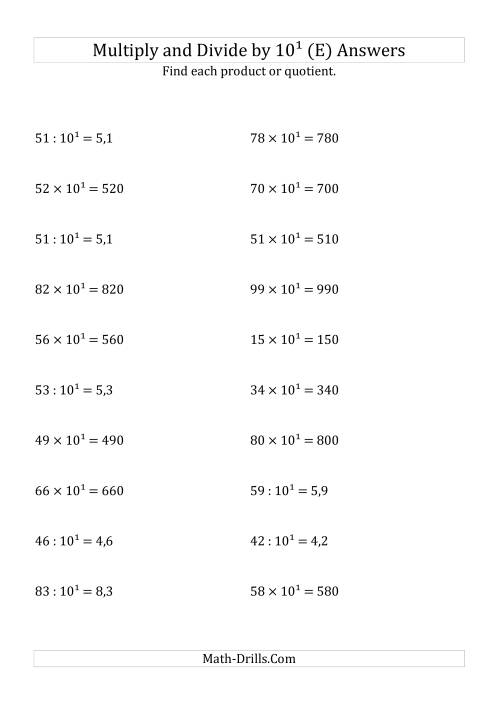 The Multiplying and Dividing Whole Numbers by 10<sup>1</sup> (E) Math Worksheet Page 2