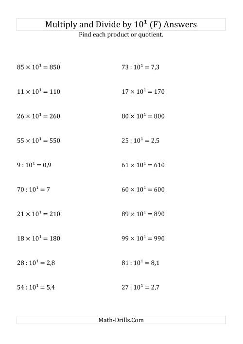 The Multiplying and Dividing Whole Numbers by 10<sup>1</sup> (F) Math Worksheet Page 2