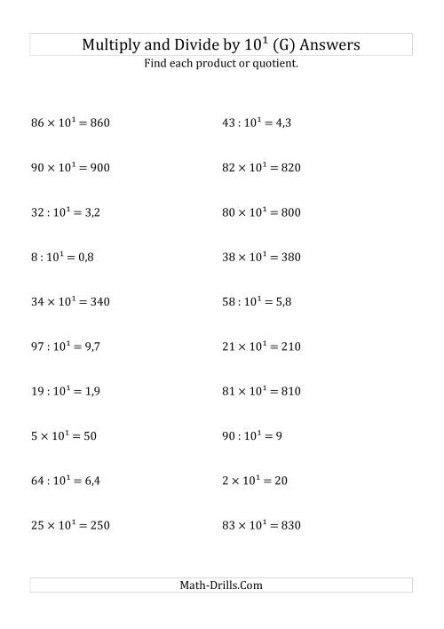 The Multiplying and Dividing Whole Numbers by 10<sup>1</sup> (G) Math Worksheet Page 2