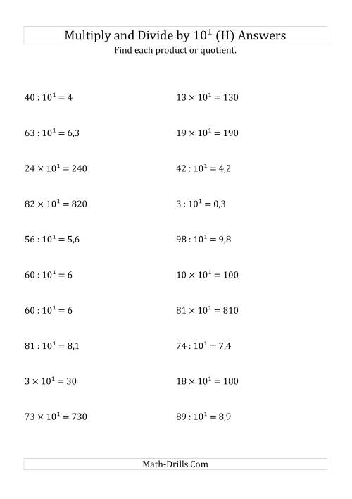 The Multiplying and Dividing Whole Numbers by 10<sup>1</sup> (H) Math Worksheet Page 2