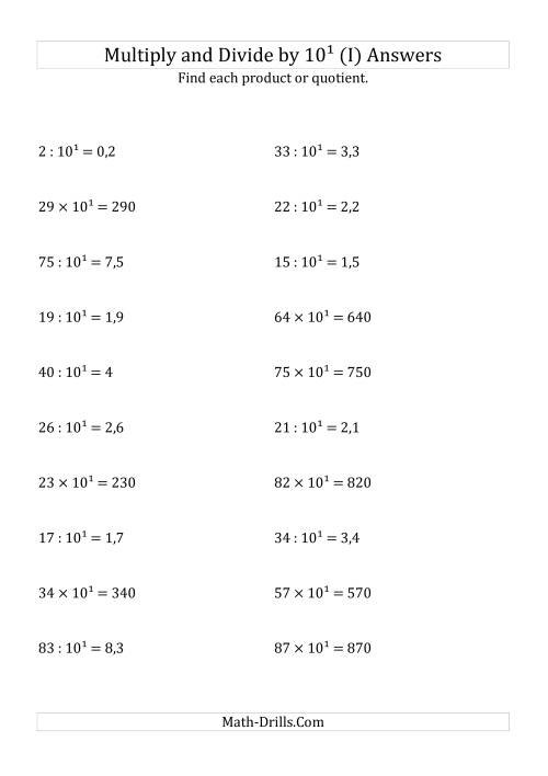 The Multiplying and Dividing Whole Numbers by 10<sup>1</sup> (I) Math Worksheet Page 2