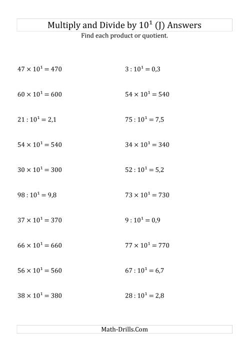 The Multiplying and Dividing Whole Numbers by 10<sup>1</sup> (J) Math Worksheet Page 2