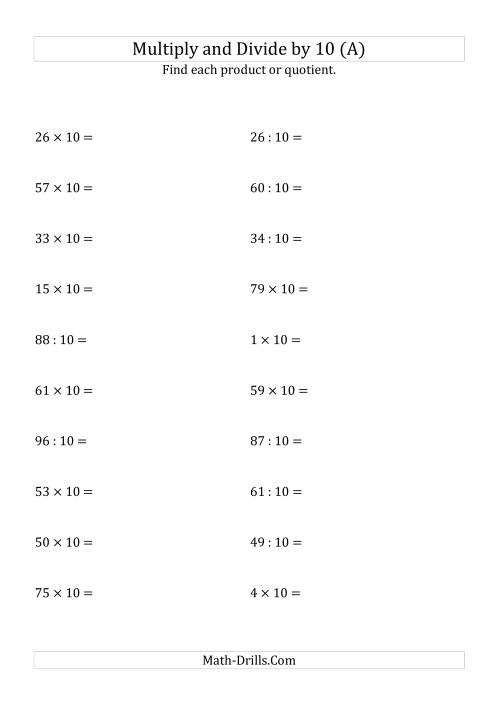 The Multiplying and Dividing Whole Numbers by 10 (A) Math Worksheet