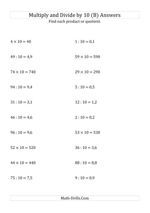 The Multiplying and Dividing Whole Numbers by 10 (B) Math Worksheet Page 2