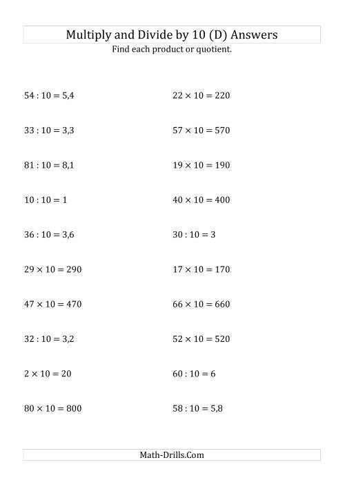 The Multiplying and Dividing Whole Numbers by 10 (D) Math Worksheet Page 2
