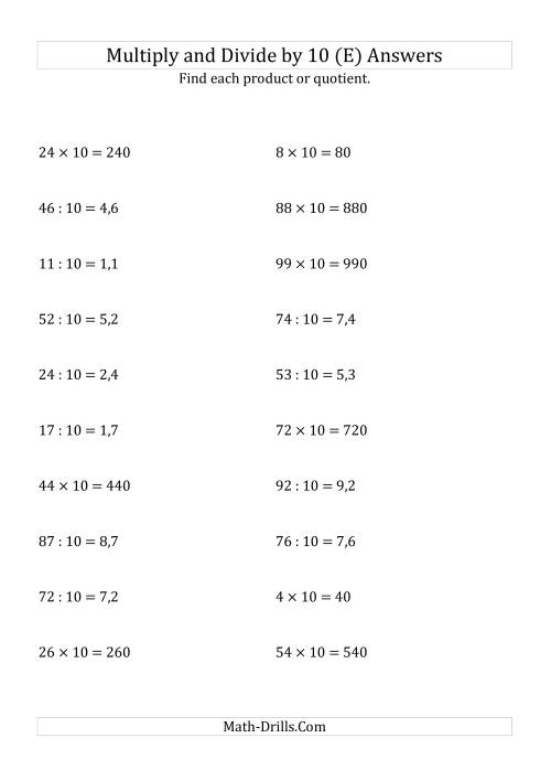 The Multiplying and Dividing Whole Numbers by 10 (E) Math Worksheet Page 2