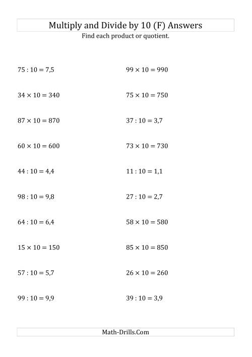 The Multiplying and Dividing Whole Numbers by 10 (F) Math Worksheet Page 2