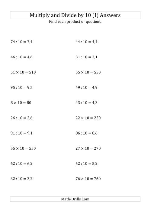 The Multiplying and Dividing Whole Numbers by 10 (I) Math Worksheet Page 2