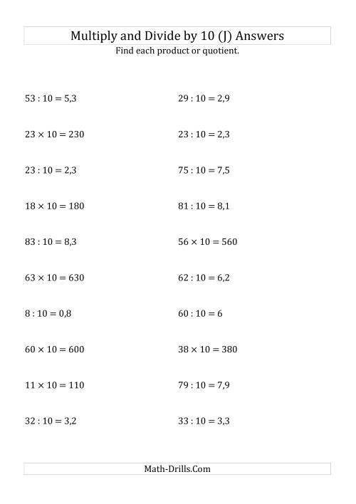 The Multiplying and Dividing Whole Numbers by 10 (J) Math Worksheet Page 2