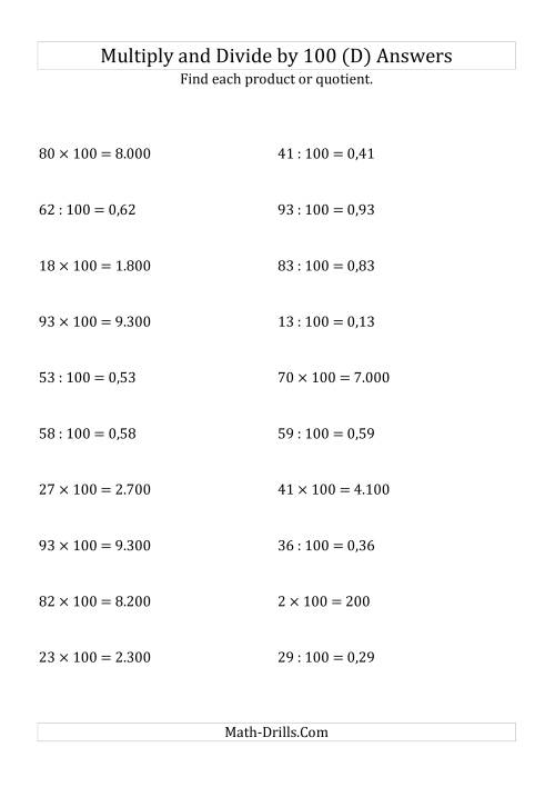 The Multiplying and Dividing Whole Numbers by 100 (D) Math Worksheet Page 2