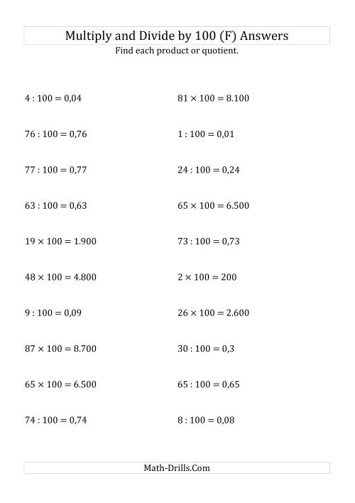 The Multiplying and Dividing Whole Numbers by 100 (F) Math Worksheet Page 2