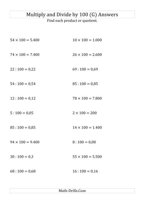 The Multiplying and Dividing Whole Numbers by 100 (G) Math Worksheet Page 2