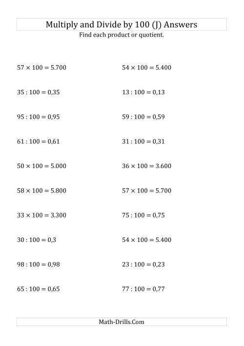 The Multiplying and Dividing Whole Numbers by 100 (J) Math Worksheet Page 2