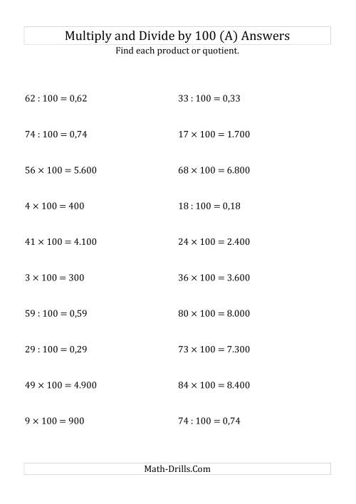 The Multiplying and Dividing Whole Numbers by 100 (All) Math Worksheet Page 2
