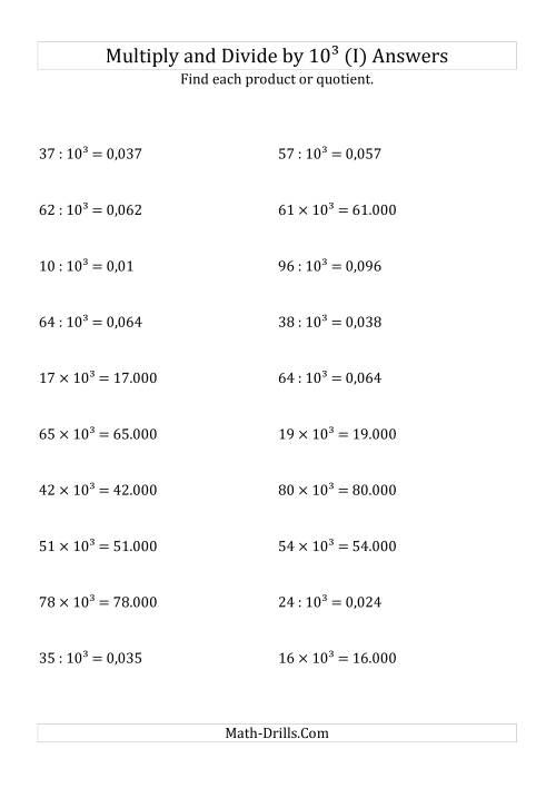 The Multiplying and Dividing Whole Numbers by 10<sup>3</sup> (I) Math Worksheet Page 2