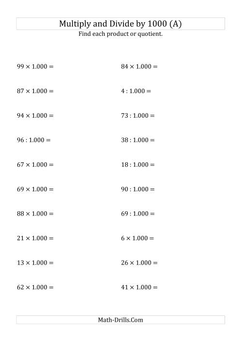 The Multiplying and Dividing Whole Numbers by 1.000 (A) Math Worksheet