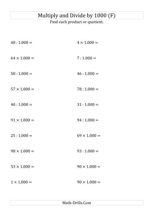 The Multiplying and Dividing Whole Numbers by 1.000 (F) Math Worksheet