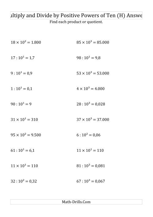 The Multiplying and Dividing Whole Numbers by Positive Powers of Ten (Exponent Form) (H) Math Worksheet Page 2