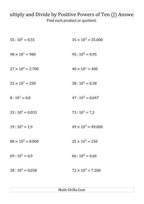 The Multiplying and Dividing Whole Numbers by Positive Powers of Ten (Exponent Form) (J) Math Worksheet Page 2