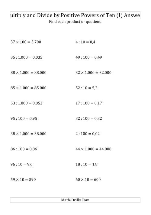 The Multiplying and Dividing Whole Numbers by Positive Powers of Ten (Standard Form) (I) Math Worksheet Page 2