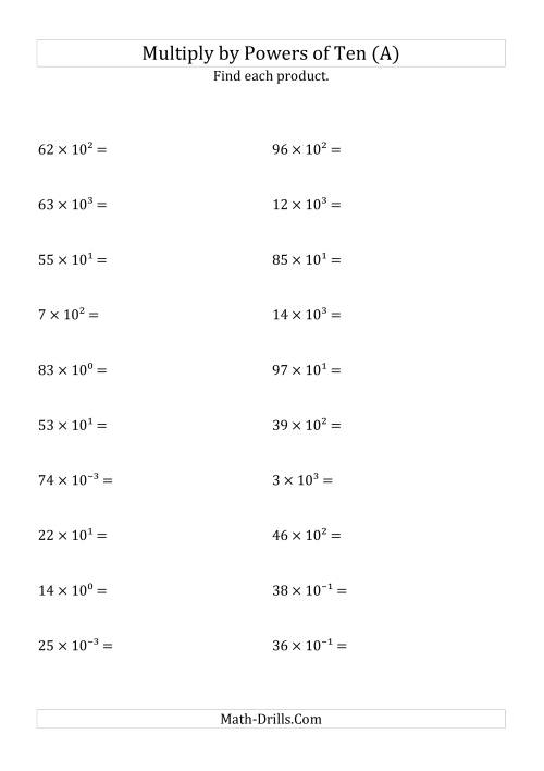 The Multiplying Whole Numbers by All Powers of Ten (Exponent Form) (A) Math Worksheet