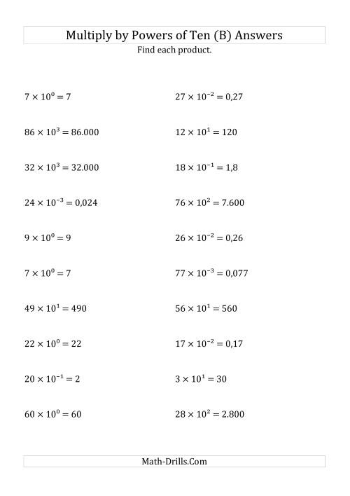The Multiplying Whole Numbers by All Powers of Ten (Exponent Form) (B) Math Worksheet Page 2