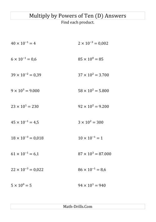 The Multiplying Whole Numbers by All Powers of Ten (Exponent Form) (D) Math Worksheet Page 2