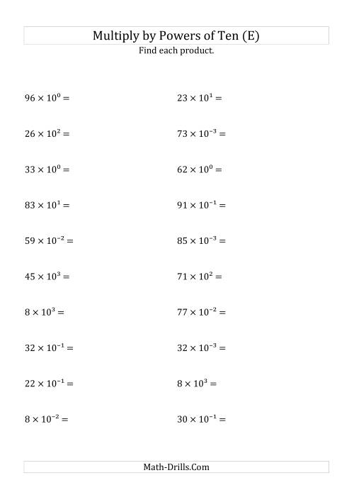 The Multiplying Whole Numbers by All Powers of Ten (Exponent Form) (E) Math Worksheet