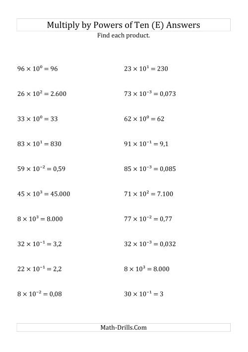 The Multiplying Whole Numbers by All Powers of Ten (Exponent Form) (E) Math Worksheet Page 2