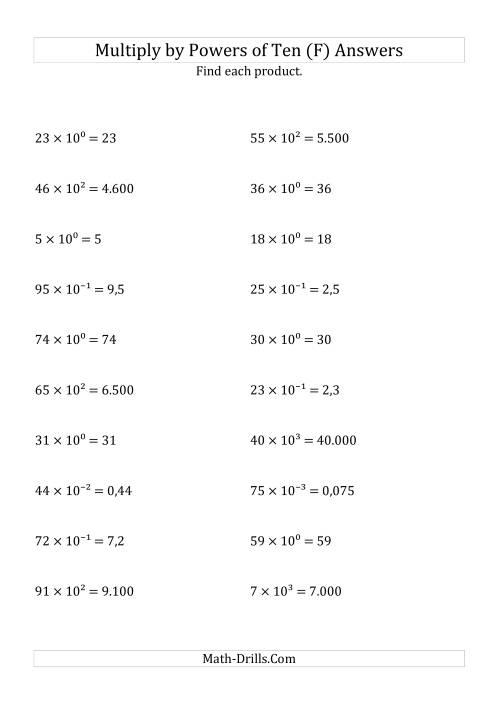 The Multiplying Whole Numbers by All Powers of Ten (Exponent Form) (F) Math Worksheet Page 2