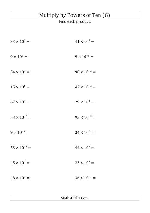 The Multiplying Whole Numbers by All Powers of Ten (Exponent Form) (G) Math Worksheet