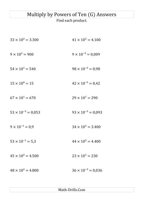 The Multiplying Whole Numbers by All Powers of Ten (Exponent Form) (G) Math Worksheet Page 2