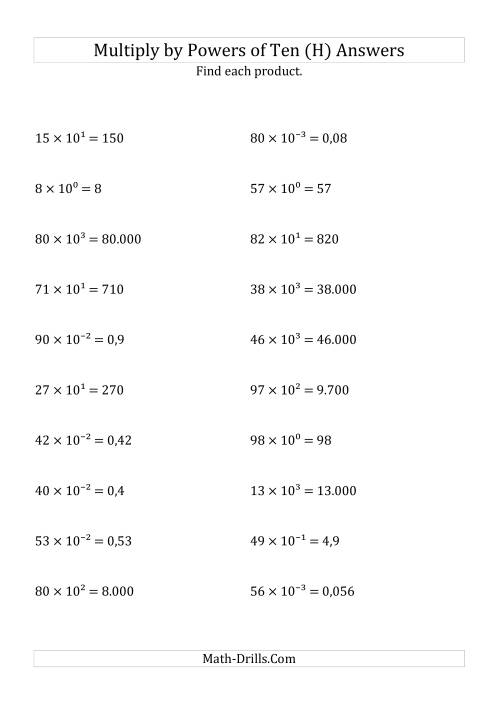 The Multiplying Whole Numbers by All Powers of Ten (Exponent Form) (H) Math Worksheet Page 2