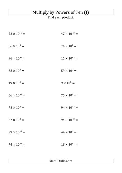The Multiplying Whole Numbers by All Powers of Ten (Exponent Form) (I) Math Worksheet